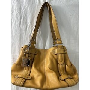 Tignanello Leather Hobo Shoulder Bag Mustard Yellow Pebble Grain Silver Tone